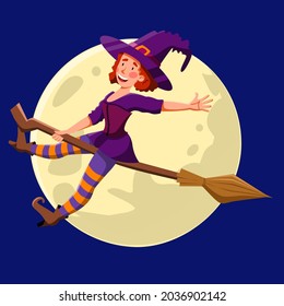 A pretty witch with red curly hair, flying at night on a broomstick.