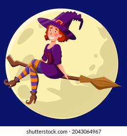 A pretty witch with red curly hair, flying at night on a broomstick.