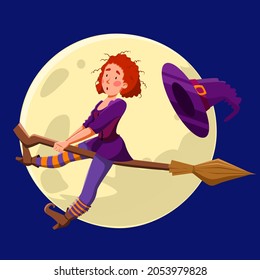 A pretty witch with red curly hair, flying at night on a broomstick.