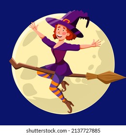 A pretty witch with red curly hair, flying at night on a broomstick. Funny girl on the background of the moon. Vector illustration for Halloween in a cartoon style.
