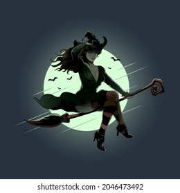 Pretty Witch rides broomstick pin up girl halloween theme