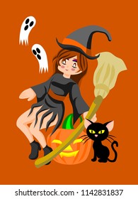 Pretty witch take a broomstick in the orange background with Halloween pumpkin,two ghost,black cat.