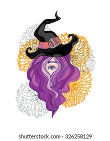Pretty Witch vector illustration -  eye view with long beautiful hair and chrysanthemum flower around. Vector hand drawn illustration. For Halloween design, sign. Eps 8.