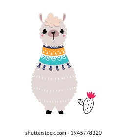 Pretty Wolly Llama or Alpaca Wearing Knitted Scarf with Tassel Vector Illustration