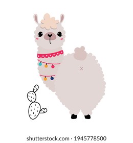 Pretty Wolly Llama or Alpaca Wearing Garland Standing Vector Illustration