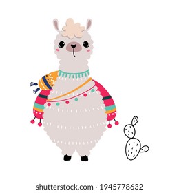 Pretty Wolly Llama or Alpaca Wearing Knitted Scarf Standing Vector Illustration