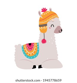 Pretty Wolly Llama or Alpaca Wearing Knitted Hat and Blanket Sitting Vector Illustration