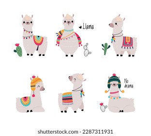 Pretty Wolly Llama or Alpaca Wearing Knitted Hat and Blanket in Different Pose Vector Set