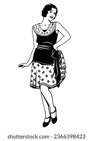 Pretty woman of 20s. Flapper Girl. Black and white ink style vector clipart isolated on white.