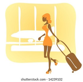 Pretty woman in the airport on the plane background.