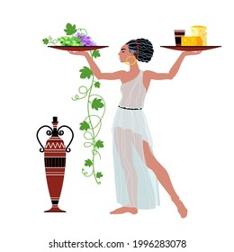 a pretty woman in an ancient Greek tunic carries wine with cheese and grapes, beautiful waitress, food delivery service, vector illustration isolated on a white background in a cartoon and flat design