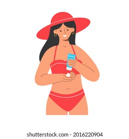 Pretty woman applies sunscreen to the skin. Sun protection. Skin care. Summer vacation on the beach. Vector flat illustration isolated  on white background. 