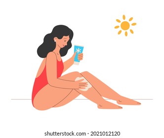 Pretty woman applies sunscreen to the skin. Sun protection. Skin care. Summer vacation on the beach. Vector flat illustration isolated  on white background. 