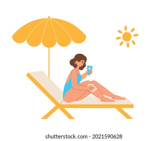 Pretty woman applies sunscreen to the skin. Sun protection. Skin care. Summer vacation on the beach. Vector flat illustration isolated  on white background. 