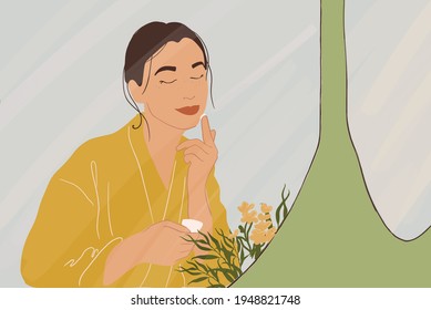 Pretty woman apply cream or serum on face in yellow bathrobe while holding a tube and looking at mirror in bathroom . Clean and beauty skincare. Anti-age. Vector Illustration.