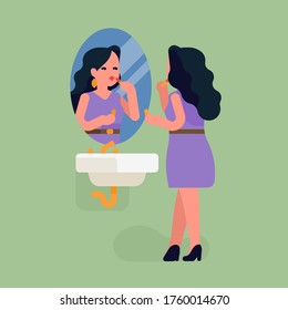 Pretty woman applying lipstick in front of a bathroom mirror. Flat style vector illustration on young adult girl preening