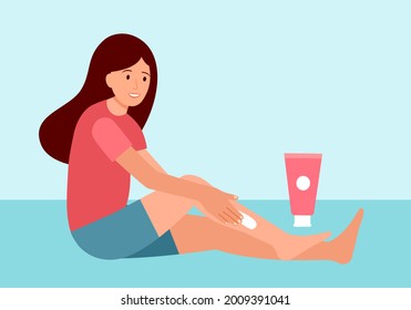 Pretty woman applying moisturizer cream on her legs in flat design. Body care.