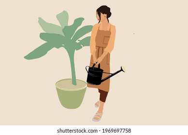 Pretty woman in apron staying near big banana plant in pot with watering can. Taking care of garden. Flat style. Vector illustration