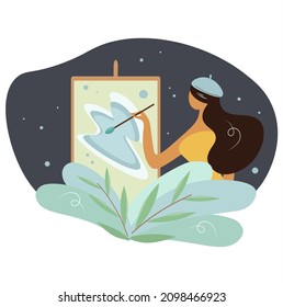 Pretty woman artist paints abstract winter painting on canvas. Young cheerful creative girl in large leaves is engaged in art. Creative profession, freelance. Vector cartoon flat illustration.