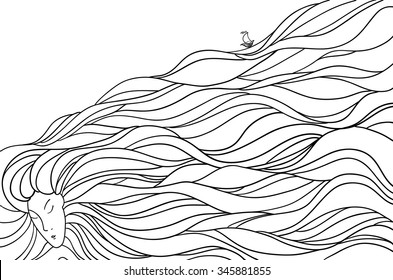 Pretty woman with beautiful long hair like sea. Portrait vector illustration