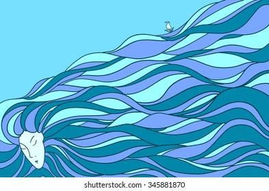 Pretty woman with beautiful long hair like sea. Portrait vector illustration