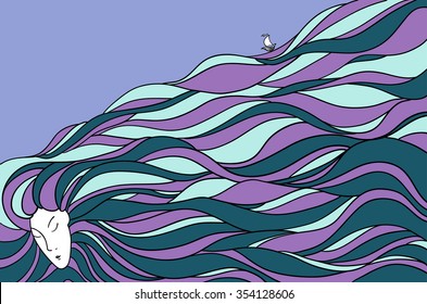 Pretty woman with beautiful long hair like sea. Portrait vector illustration