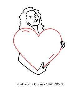 Pretty woman with big heart. Vector line.