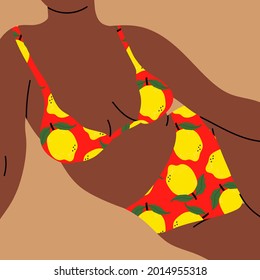 Pretty Woman in bikini. Beach underwear. Lemons print swimsuit. Love and accept any body type. Healthy body, Body positive, lifestyle and fashion concept. Hand drawn trendy Vector illustration