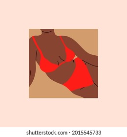 Pretty Woman in bikini. Beach underwear. Red swimsuit. Love and accept any body type. Healthy body, Body positive, lifestyle and fashion concept. Hand drawn trendy Vector illustration