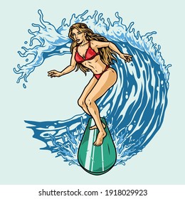 Pretty woman in bikini surfing wave in vintage style isolated vector illustration