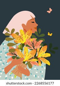 Pretty woman with blond hair holds a bouquet of spring flowers with a leopard color. Vertical card for International Women's Day March 8, Mother's Day. Vector.