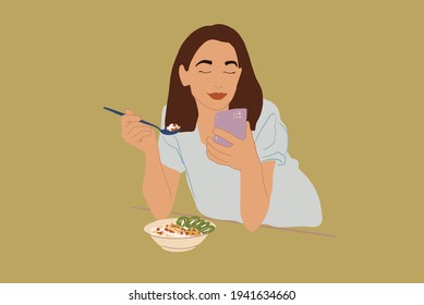 Pretty woman in blue t-shirt enjoys breakfast in the morning, eating granola with kiwi while using a phone. Vector illustration.
