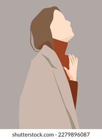 Pretty woman with Braun fluttering hair. Portrait of female model in coat. Minimalistic portrait, beautiful face, white skin. Concept of fairy character, elf. Trendy modern illustration. Spring looks