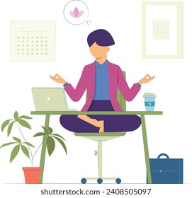 Pretty woman in business clothes is doing yoga on the office chair. Business woman in healthy lotus pose. Vector illustration.