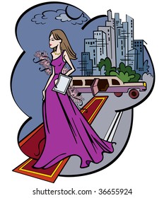 Pretty woman came out of limousine and goes on road, dressing in splendid gown and boa