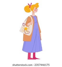 Pretty woman carrying cotton canvas handbag, walking. Vector trendy illustration full length character isolaet on white background. Flat simple style