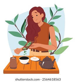 Pretty woman cartoon character preparing herbal green tea for traditional asian ceremony scene. Young female using special utensils and accessories for brewing aromatic beverage vector illustration