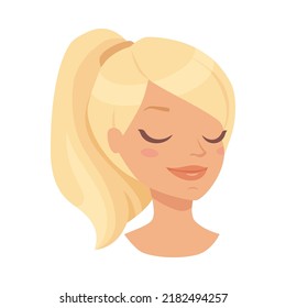 Pretty Woman Character Face with Blond Hair in Ponytail Smiling with Closed Eyes Vector Illustration