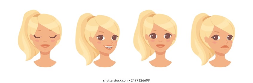 Pretty Woman Character Face with Ponytail Pose Vector Set