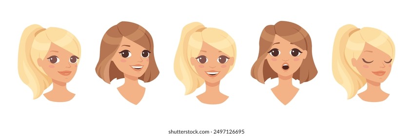 Pretty Woman Character with Face Reaction Vector Set