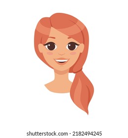 Pretty Woman Character Face with Red Hair in Ponytail Smiling Vector Illustration