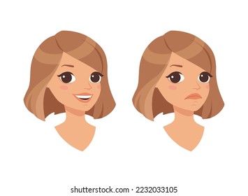 Pretty Woman Character Face with Short Haircut with Different Emotion Vector Set