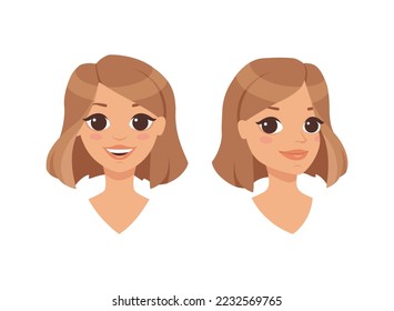 Pretty Woman Character Face with Short Haircut with Different Emotion Vector Set