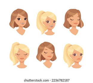 Pretty Woman Character Face with Short Haircut and Blond Ponytail Feeling Emotion Vector Set