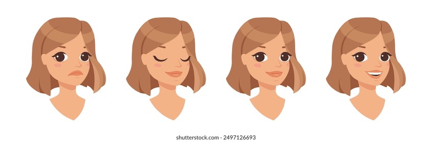 Pretty Woman Character Face with Short Haircut Pose Vector Set