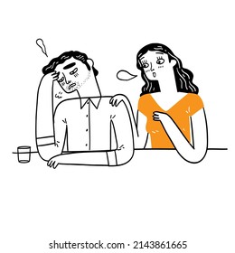 Mujer guapa animando a un hombre que está triste y reconfortante depresión. Estilo de doodle de ilustración de vector dibujado a mano.