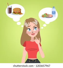 Pretty woman choosing between healthy food and unhealthy hamburger with soda. Hard decision. Junk food or diet. Vector flat illustration