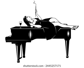 Pretty Woman with Cigarette Laying on a Piano. Black and white vector clipart isolated on white.