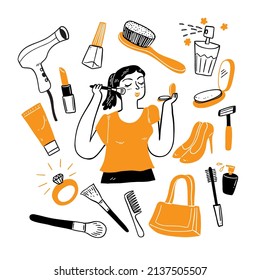 The pretty woman with cosmetic objects set, hand drawn vector elements