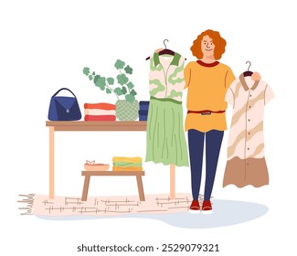 Pretty woman customer choosing dress at fashion store. Girl picks new fashioned clothes in retail shop, apparel sale, making decision to buy. Seasonal Shopping day. Flat vector design illustration